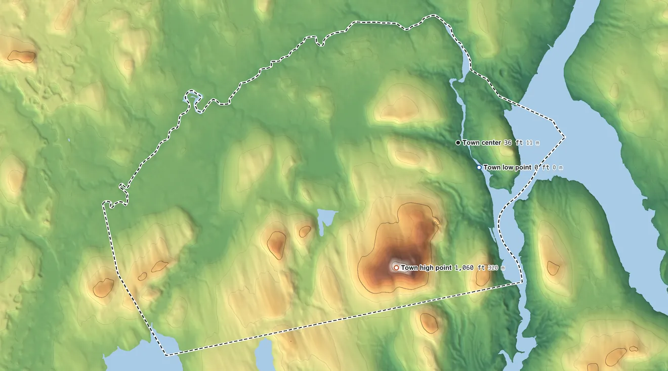 Topographic elevation map of Frankfort, Maine, shaded from 0 ft near the middle to 1,060 ft on Mount Waldo