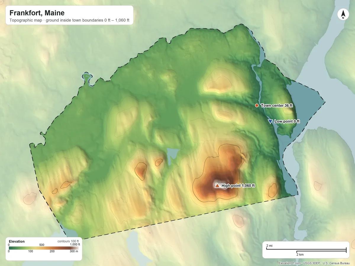 Topographic elevation map of Frankfort, Maine, shaded from 0 ft near the middle to 1,060 ft on Mount Waldo
