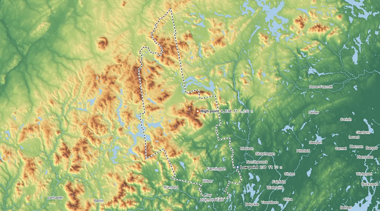 Topographic elevation map of Franklin County, Maine, shaded from 230 ft on the southeast side to 4,230 ft on Sugarloaf Mountain