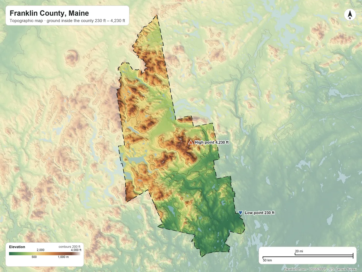 Topographic elevation map of Franklin County, Maine, shaded from 230 ft on the southeast side to 4,230 ft on Sugarloaf Mountain