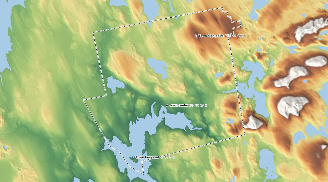 Topographic elevation map of Franklin, Maine, shaded from sea level level on Taunton Bay to 630 ft on Hardwood Hill