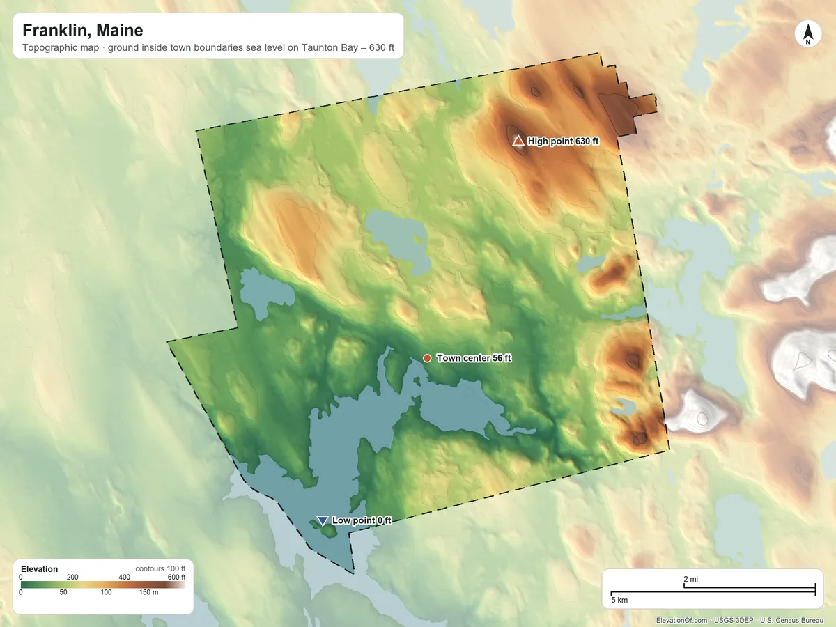 Topographic elevation map of Franklin, Maine, shaded from sea level level on Taunton Bay to 630 ft on Hardwood Hill