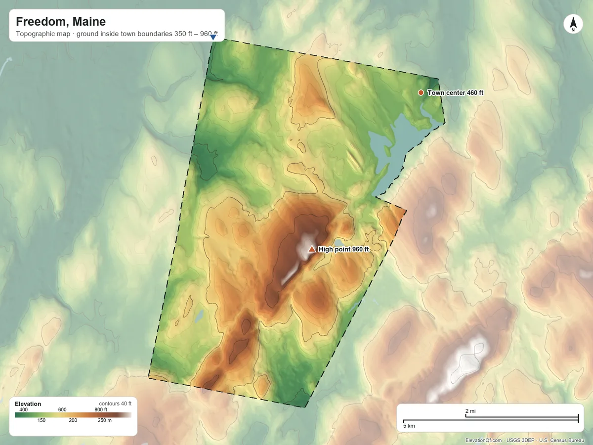 Topographic elevation map of Freedom, Maine, shaded from 350 ft on the west side to 960 ft on the southwest side