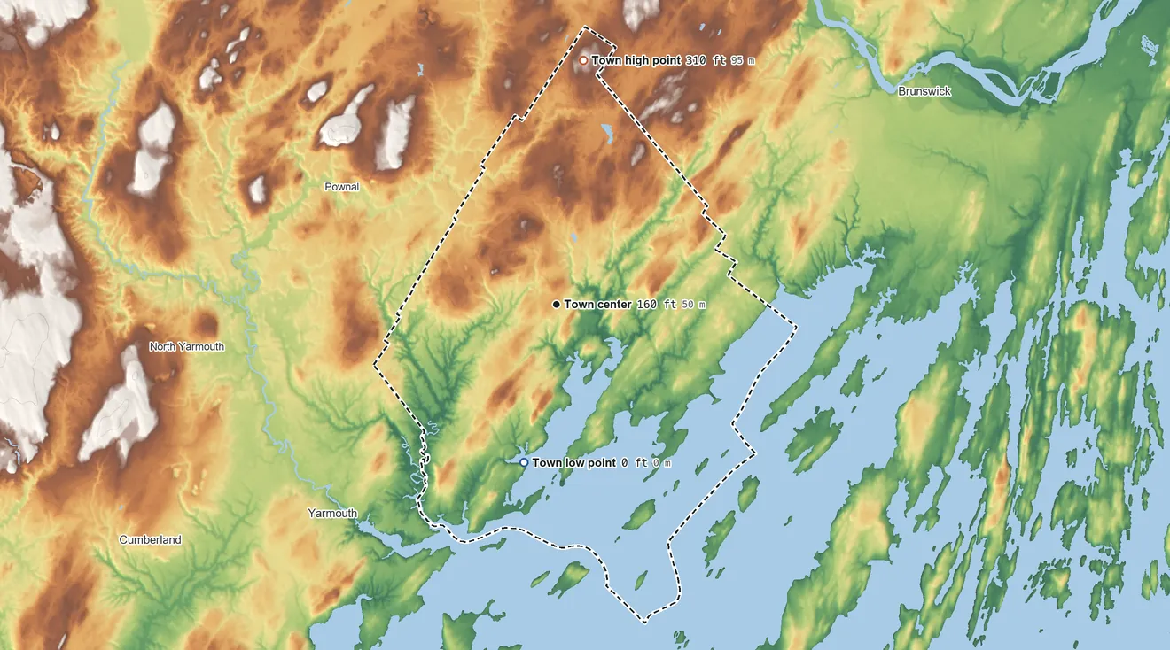 Topographic elevation map of Freeport, Maine, shaded from sea level level on Casco Bay to 310 ft on the north side
