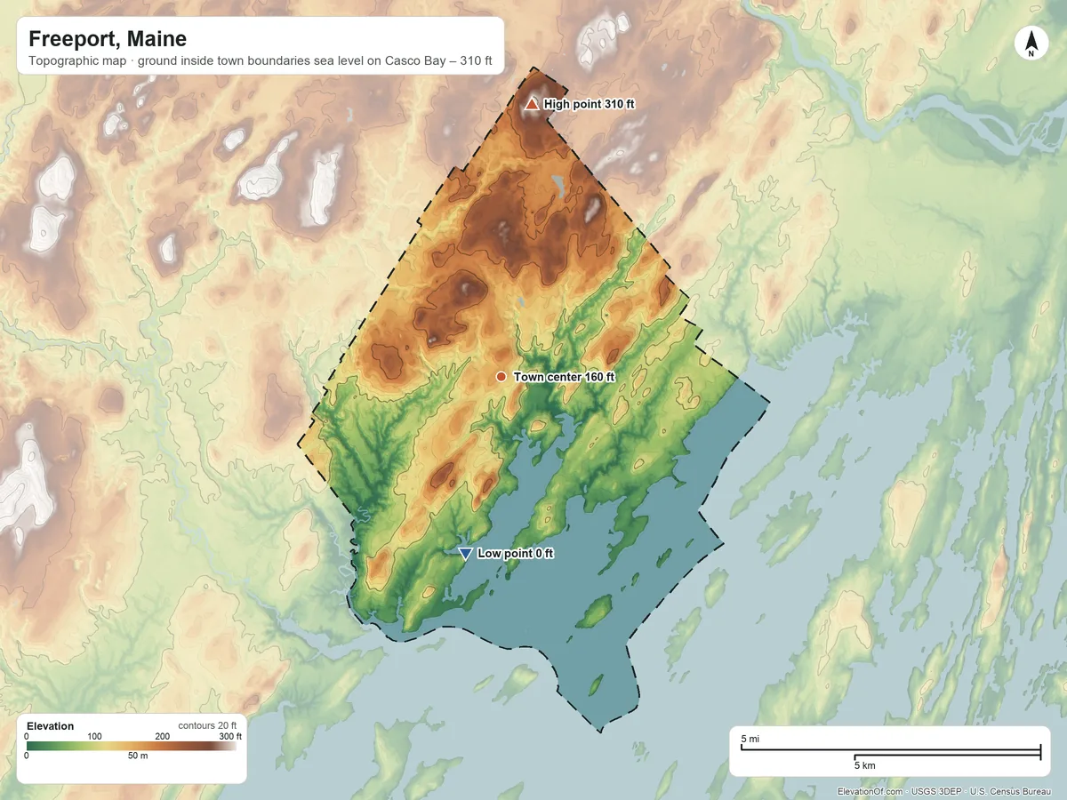 Topographic elevation map of Freeport, Maine, shaded from sea level level on Casco Bay to 310 ft on the north side