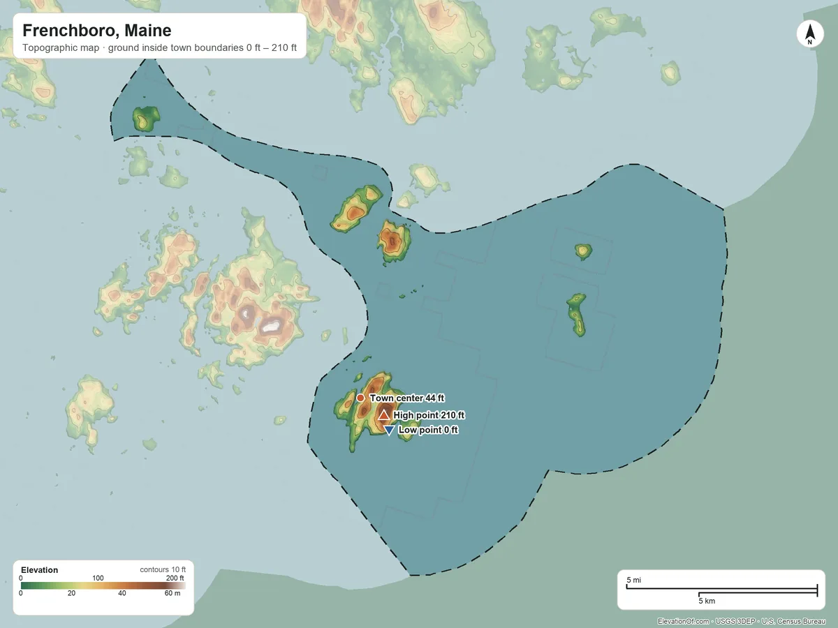 Topographic elevation map of Frenchboro, Maine, shaded from 0 ft near the middle to 210 ft near the middle