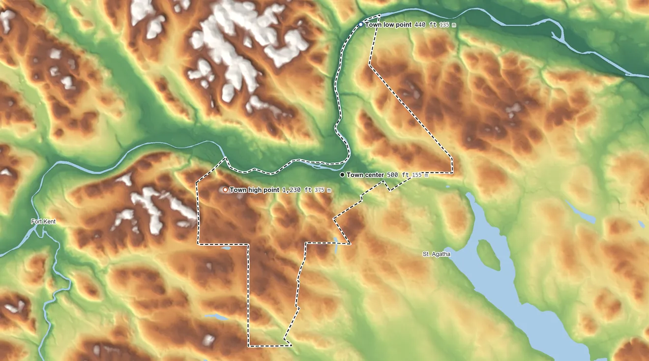 Topographic elevation map of Frenchville, Maine, shaded from 440 ft on the north side to 1,230 ft on the west side