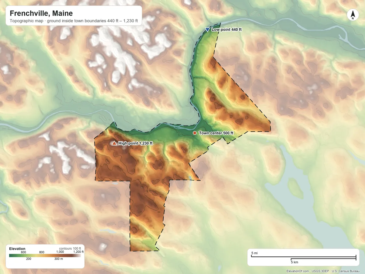 Topographic elevation map of Frenchville, Maine, shaded from 440 ft on the north side to 1,230 ft on the west side