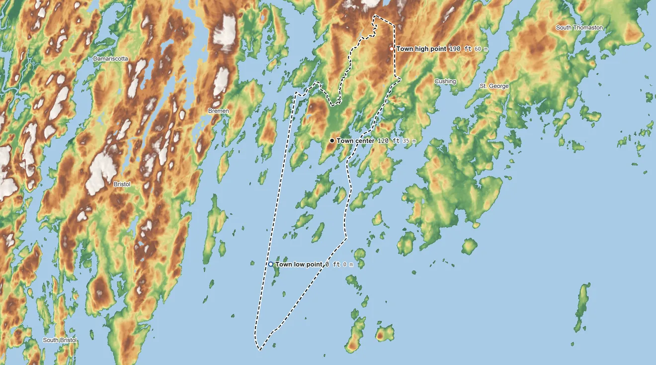 Topographic elevation map of Friendship, Maine, shaded from sea level level on the Atlantic Ocean to 190 ft on the northeast side