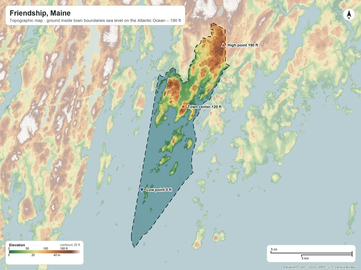 Topographic elevation map of Friendship, Maine, shaded from sea level level on the Atlantic Ocean to 190 ft on the northeast side