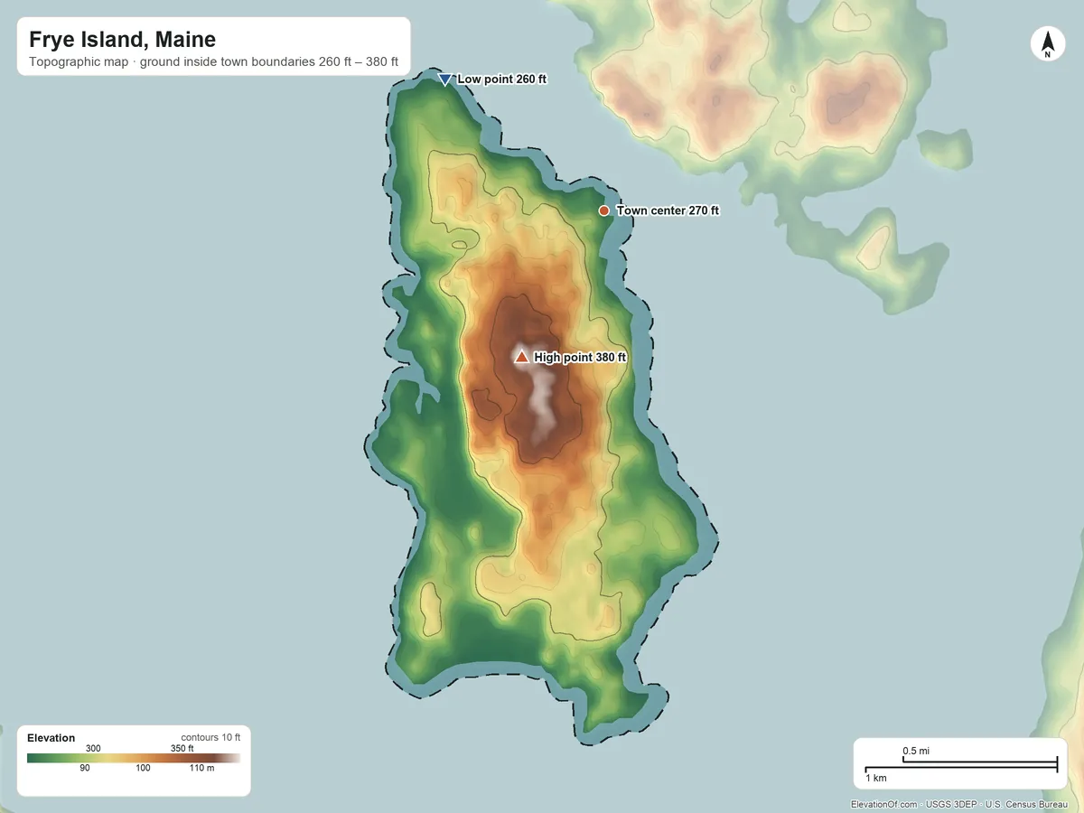 Topographic elevation map of Frye Island, Maine, shaded from 260 ft on the northwest side to 380 ft on the southwest side