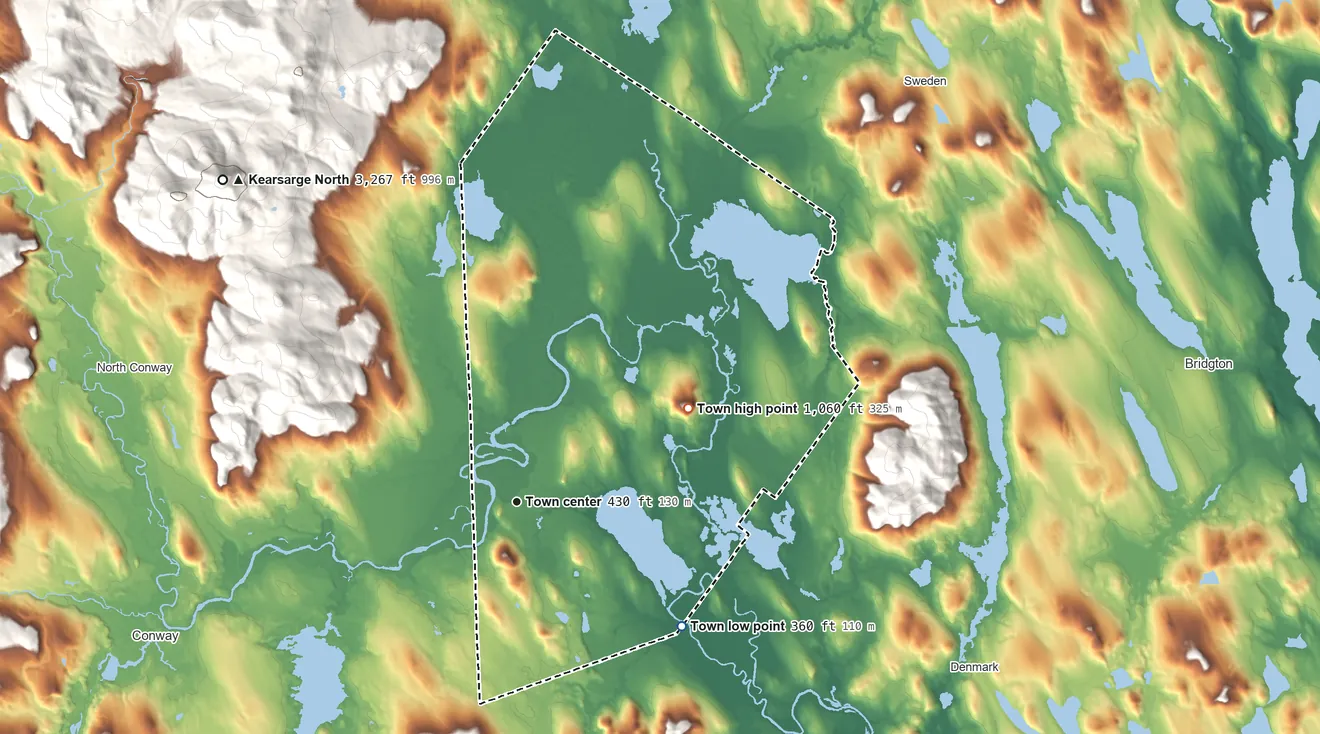 Topographic elevation map of Fryeburg, Maine, shaded from 360 ft on the southeast side to 1,060 ft on Mount Tom