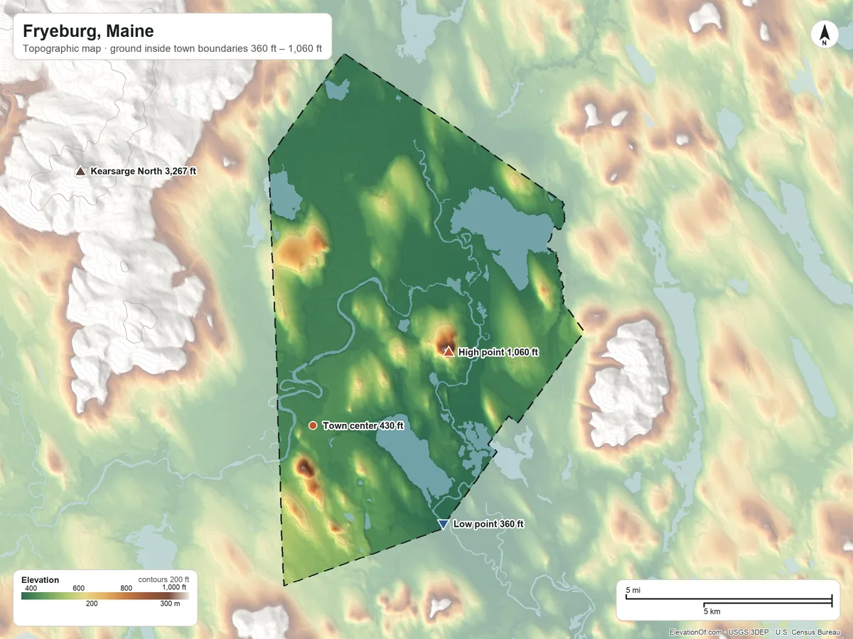 Topographic elevation map of Fryeburg, Maine, shaded from 360 ft on the southeast side to 1,060 ft on Mount Tom