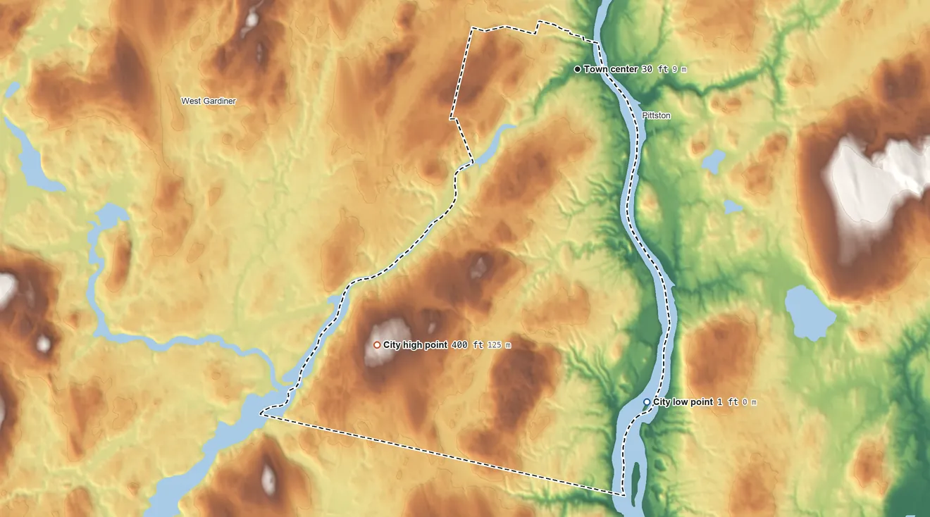 Topographic elevation map of Gardiner, Maine, shaded from 1 ft on the south side to 400 ft on the southwest side