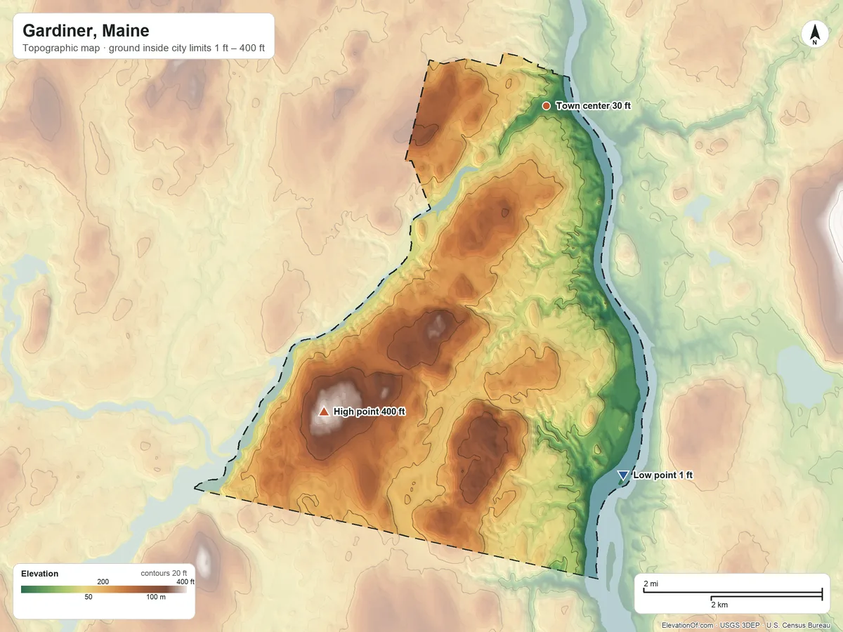 Topographic elevation map of Gardiner, Maine, shaded from 1 ft on the south side to 400 ft on the southwest side