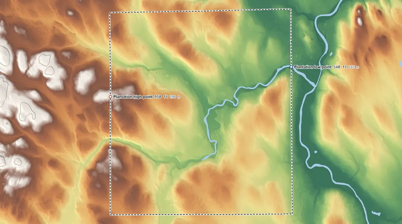 Topographic elevation map of Garfield, Maine, shaded from 540 ft on the northeast side to 950 ft on the west side