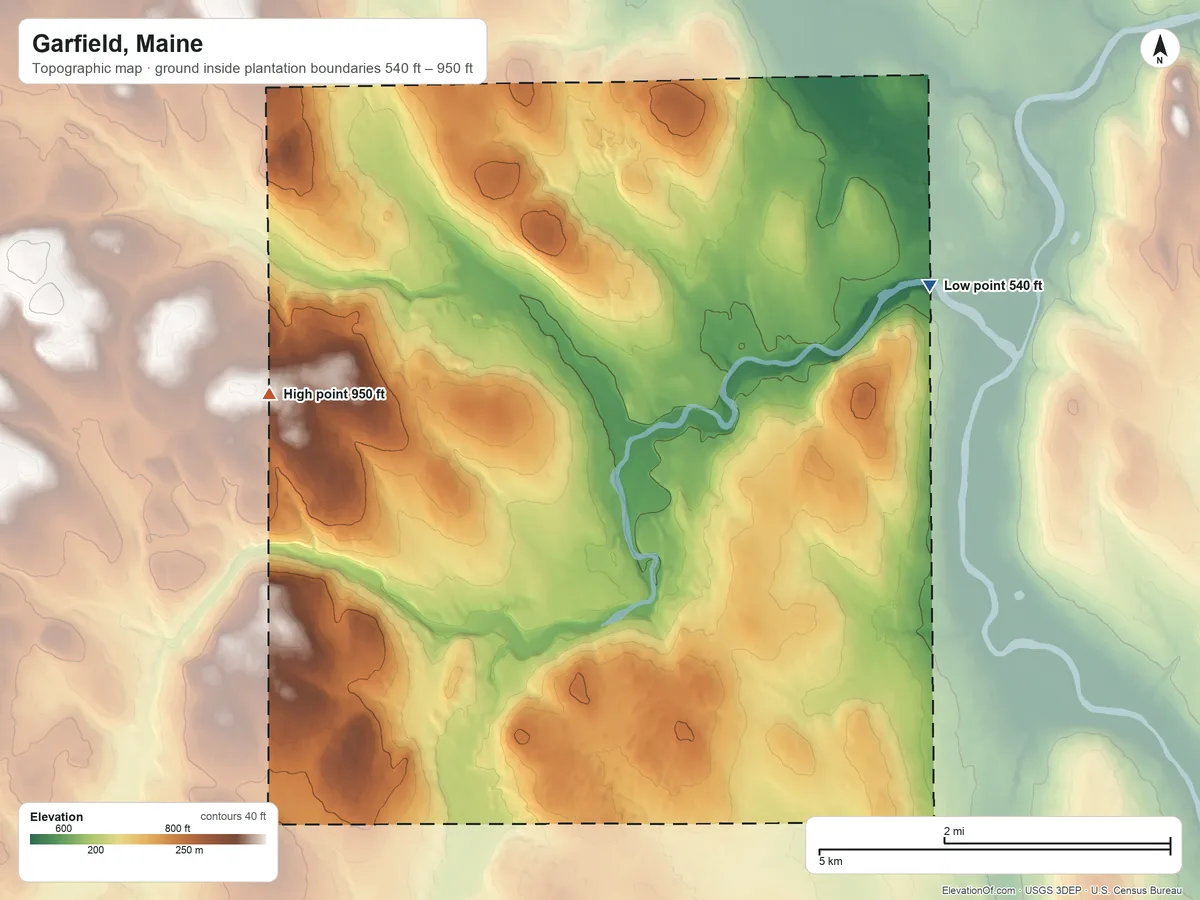 Topographic elevation map of Garfield, Maine, shaded from 540 ft on the northeast side to 950 ft on the west side