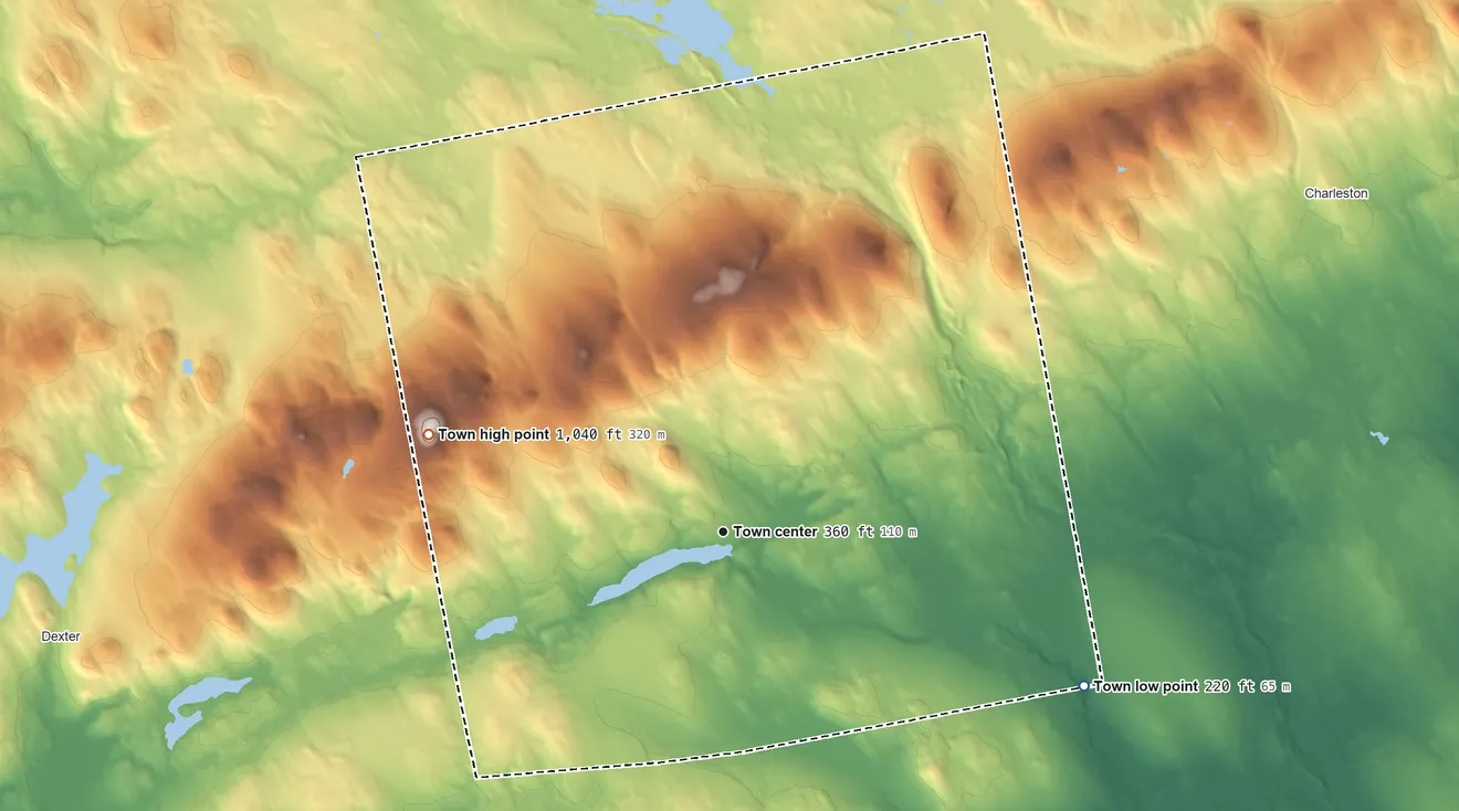 Topographic elevation map of Garland, Maine, shaded from 220 ft on the southeast side to 1,040 ft on Preble Hill
