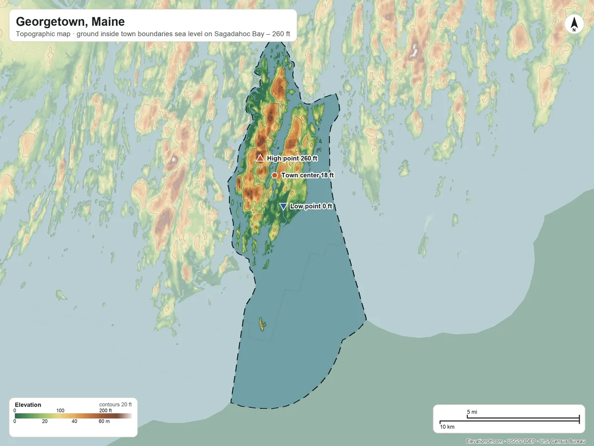 Topographic elevation map of Georgetown, Maine, shaded from sea level level on Sagadahoc Bay to 260 ft on Higgins Mountain