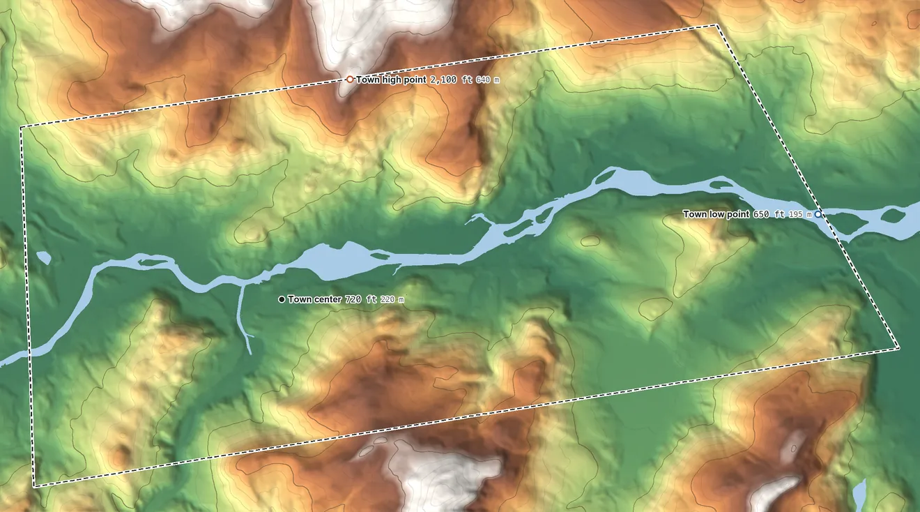 Topographic elevation map of Gilead, Maine, shaded from 650 ft on the east side to 2,100 ft at the foot of the Mahoosuc Range
