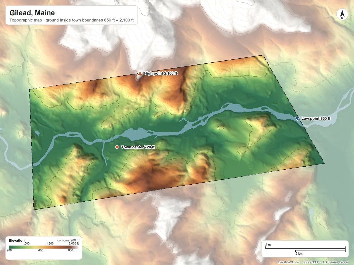Topographic elevation map of Gilead, Maine, shaded from 650 ft on the east side to 2,100 ft at the foot of the Mahoosuc Range