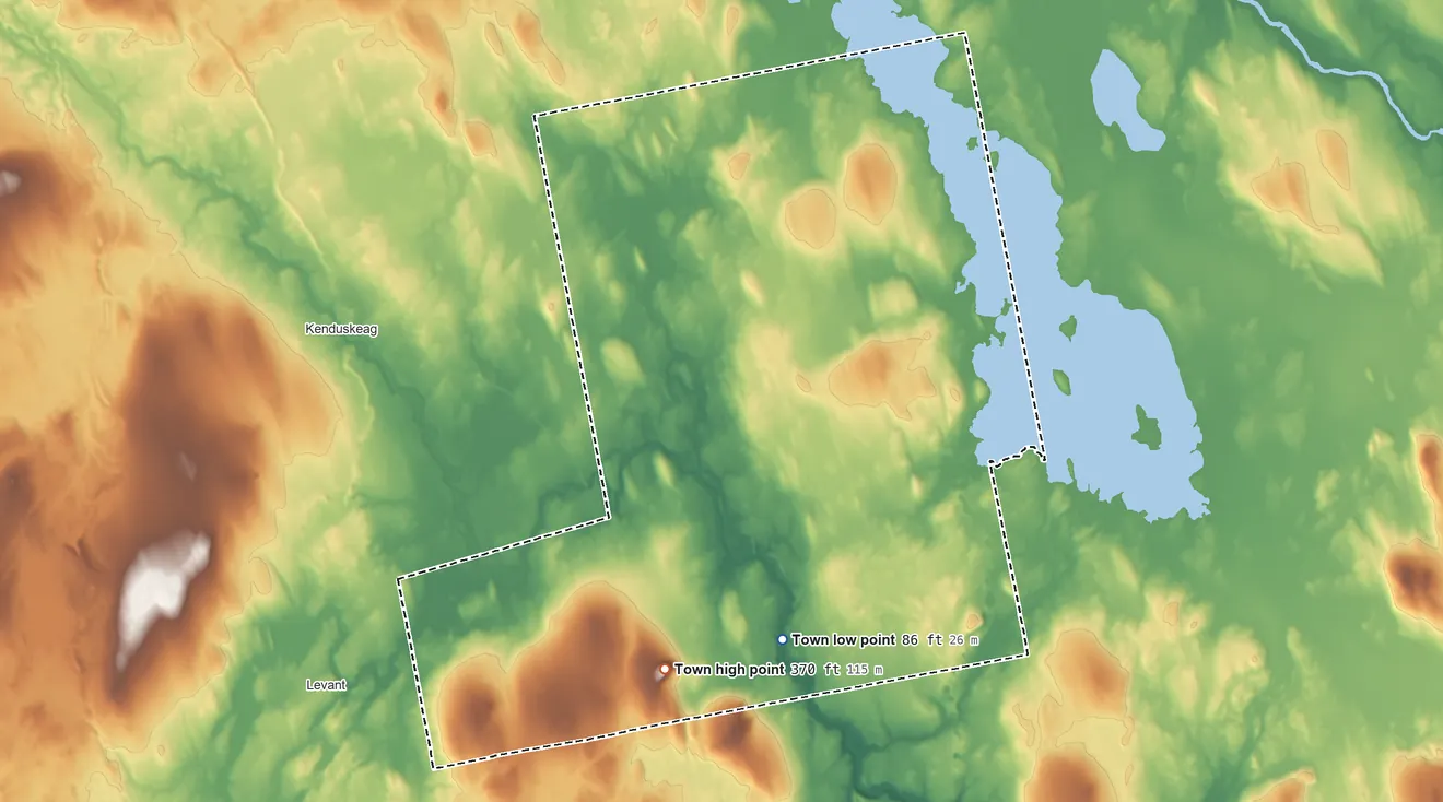Topographic elevation map of Glenburn, Maine, shaded from 86 ft on the south side to 370 ft on the south side