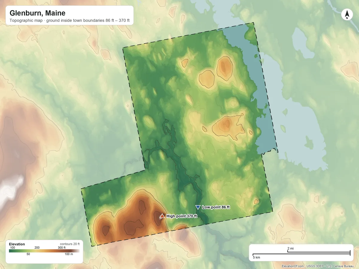 Topographic elevation map of Glenburn, Maine, shaded from 86 ft on the south side to 370 ft on the south side