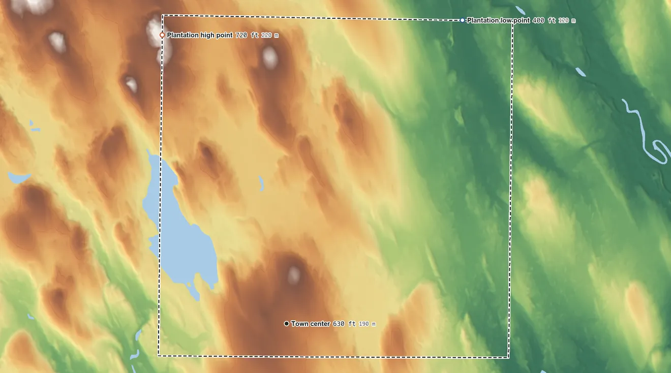 Topographic elevation map of Glenwood, Maine, shaded from 400 ft on the northeast side to 720 ft on the northwest side