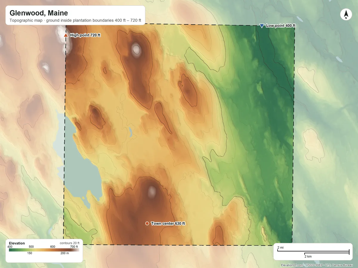 Topographic elevation map of Glenwood, Maine, shaded from 400 ft on the northeast side to 720 ft on the northwest side