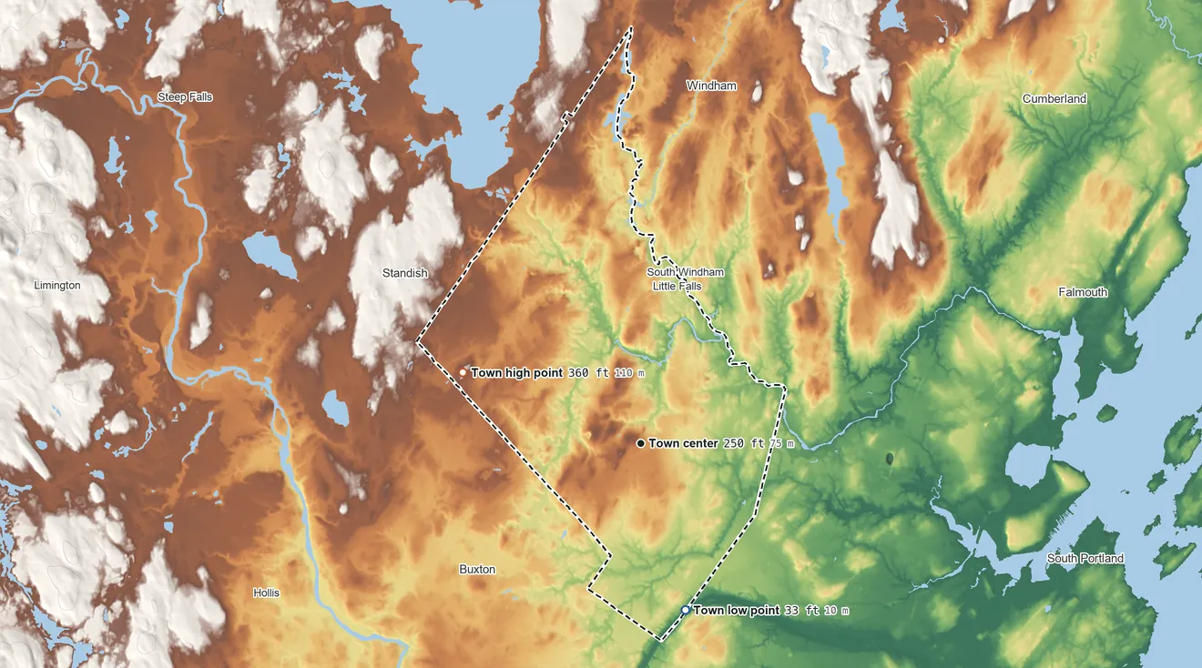 Topographic elevation map of Gorham, Maine, shaded from 33 ft on the south side to 360 ft on the west side