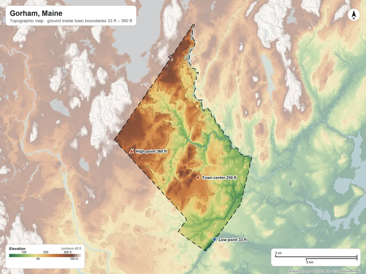 Topographic elevation map of Gorham, Maine, shaded from 33 ft on the south side to 360 ft on the west side