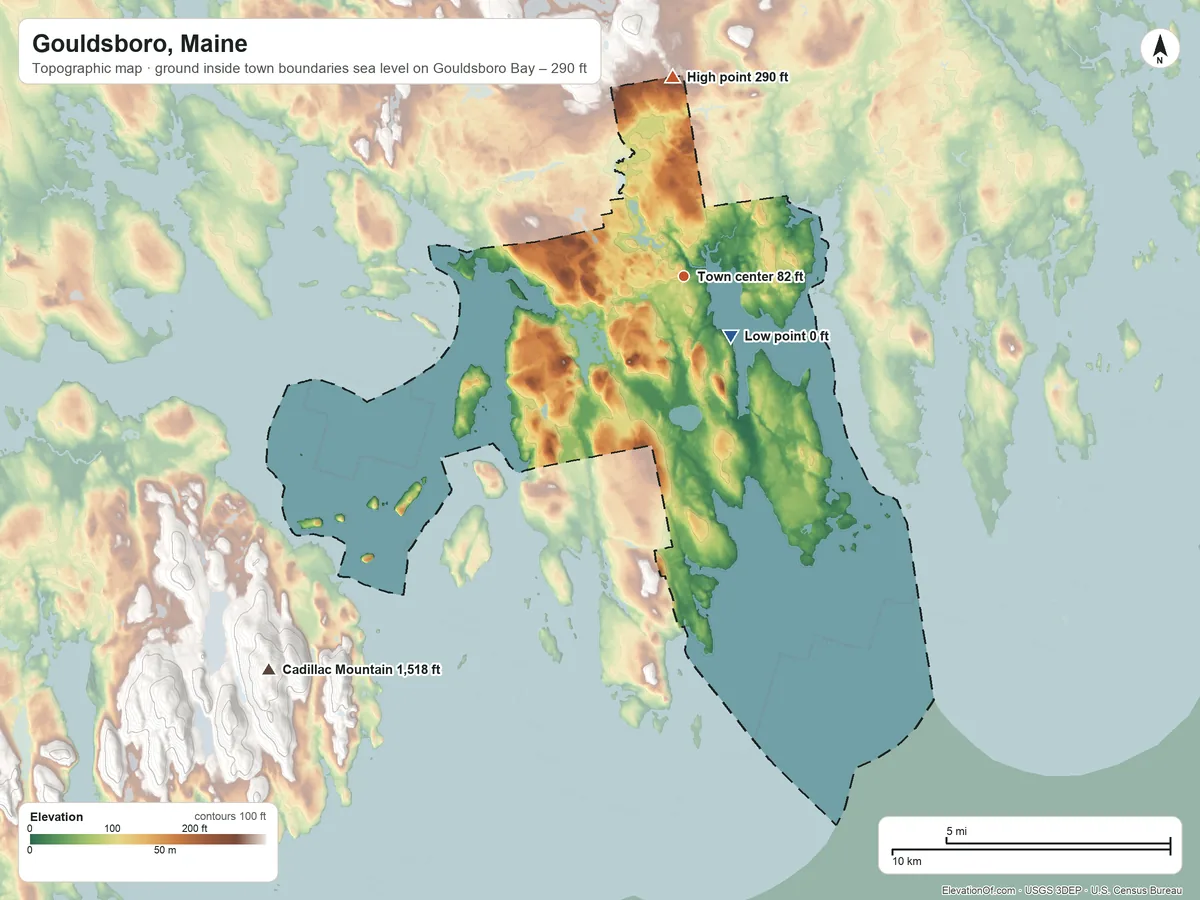 Topographic elevation map of Gouldsboro, Maine, shaded from sea level level on Gouldsboro Bay to 290 ft at the foot of the Thousand Hills