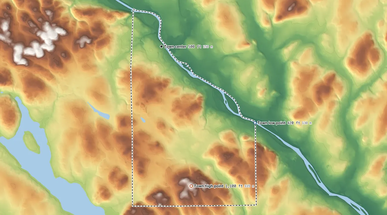 Topographic elevation map of Grand Isle, Maine, shaded from 420 ft on the southeast side to 1,100 ft on the south side