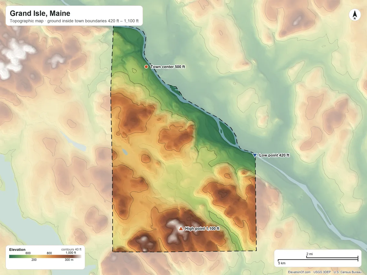 Topographic elevation map of Grand Isle, Maine, shaded from 420 ft on the southeast side to 1,100 ft on the south side
