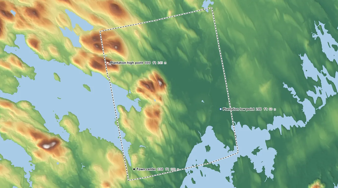 Topographic elevation map of Grand Lake Stream, Maine, shaded from 200 ft on the northeast side to 800 ft on Pineo Mountains