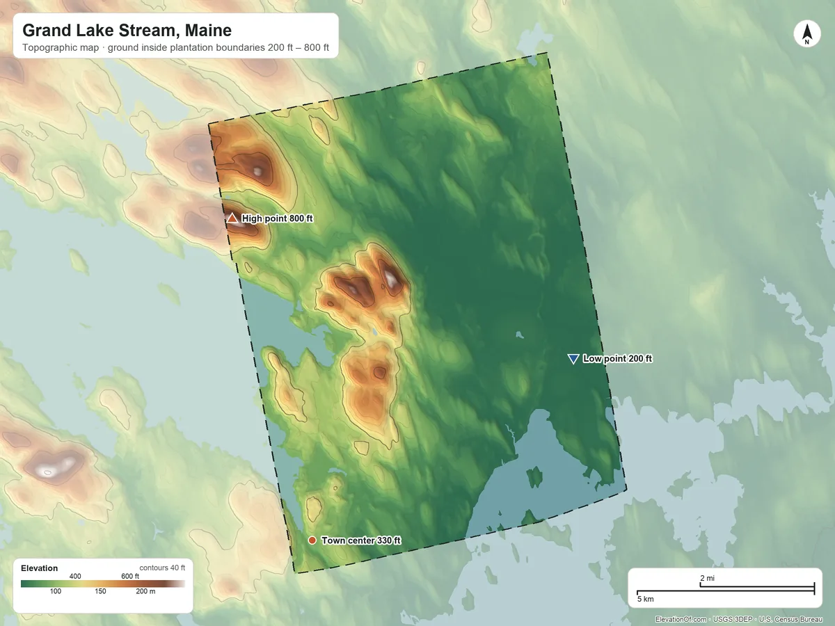 Topographic elevation map of Grand Lake Stream, Maine, shaded from 200 ft on the northeast side to 800 ft on Pineo Mountains