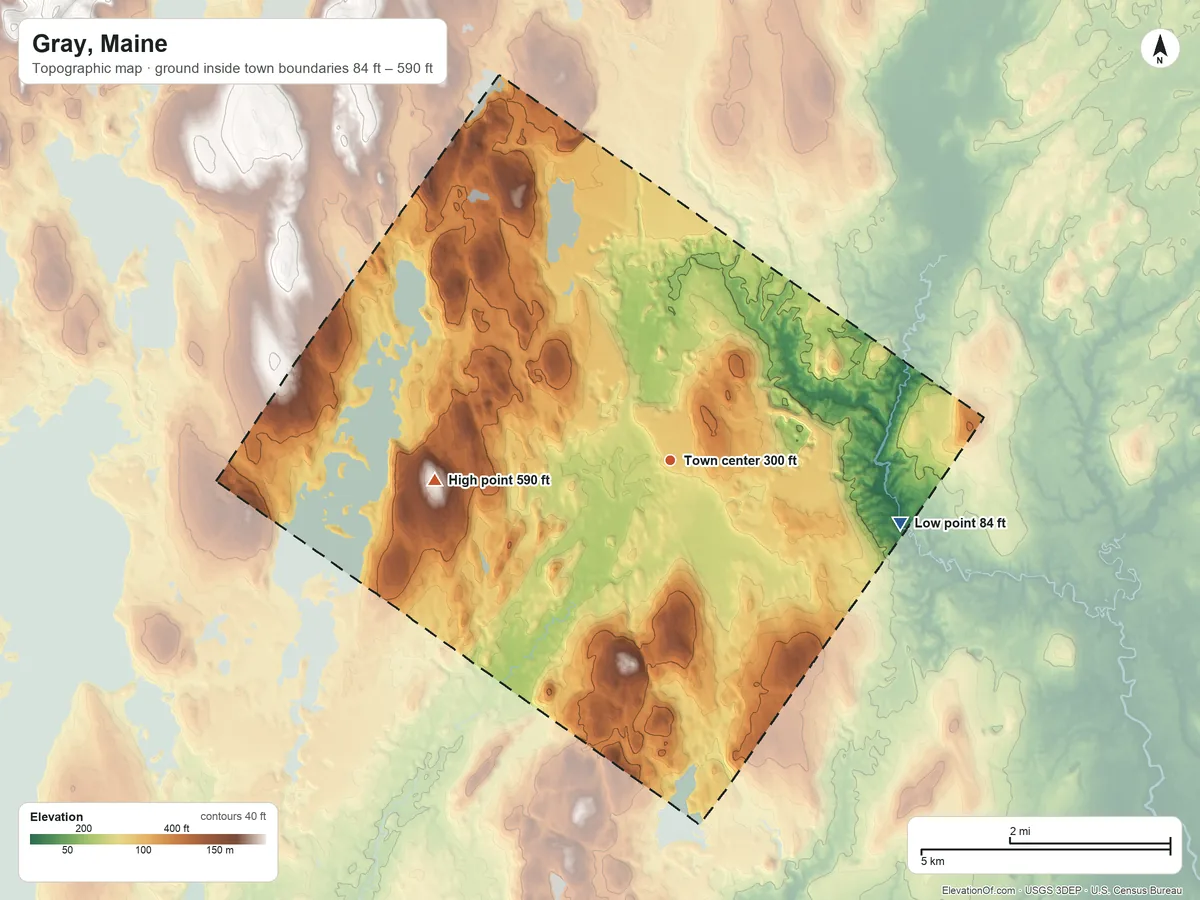 Topographic elevation map of Gray, Maine, shaded from 84 ft on the east side to 590 ft on Adams Hill