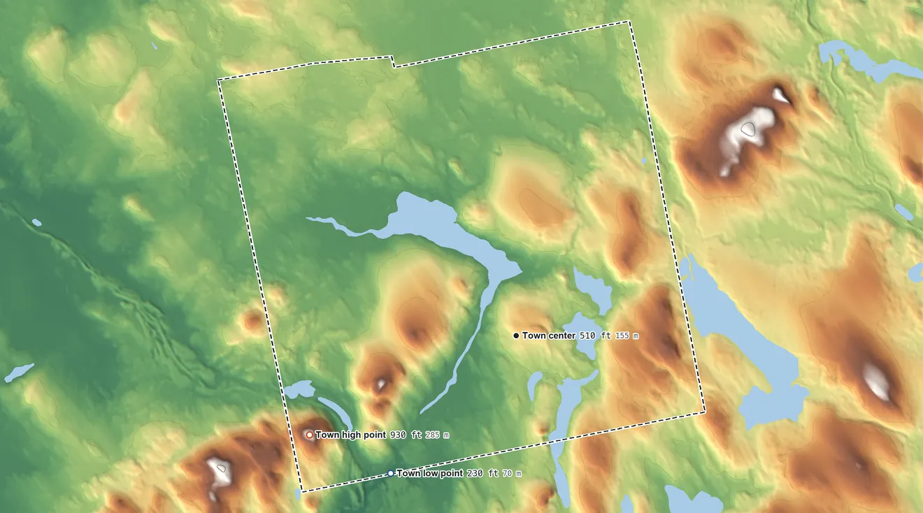 Topographic elevation map of Great Pond, Maine, shaded from 230 ft on the southwest side to 930 ft on Morrison Pond Mountain