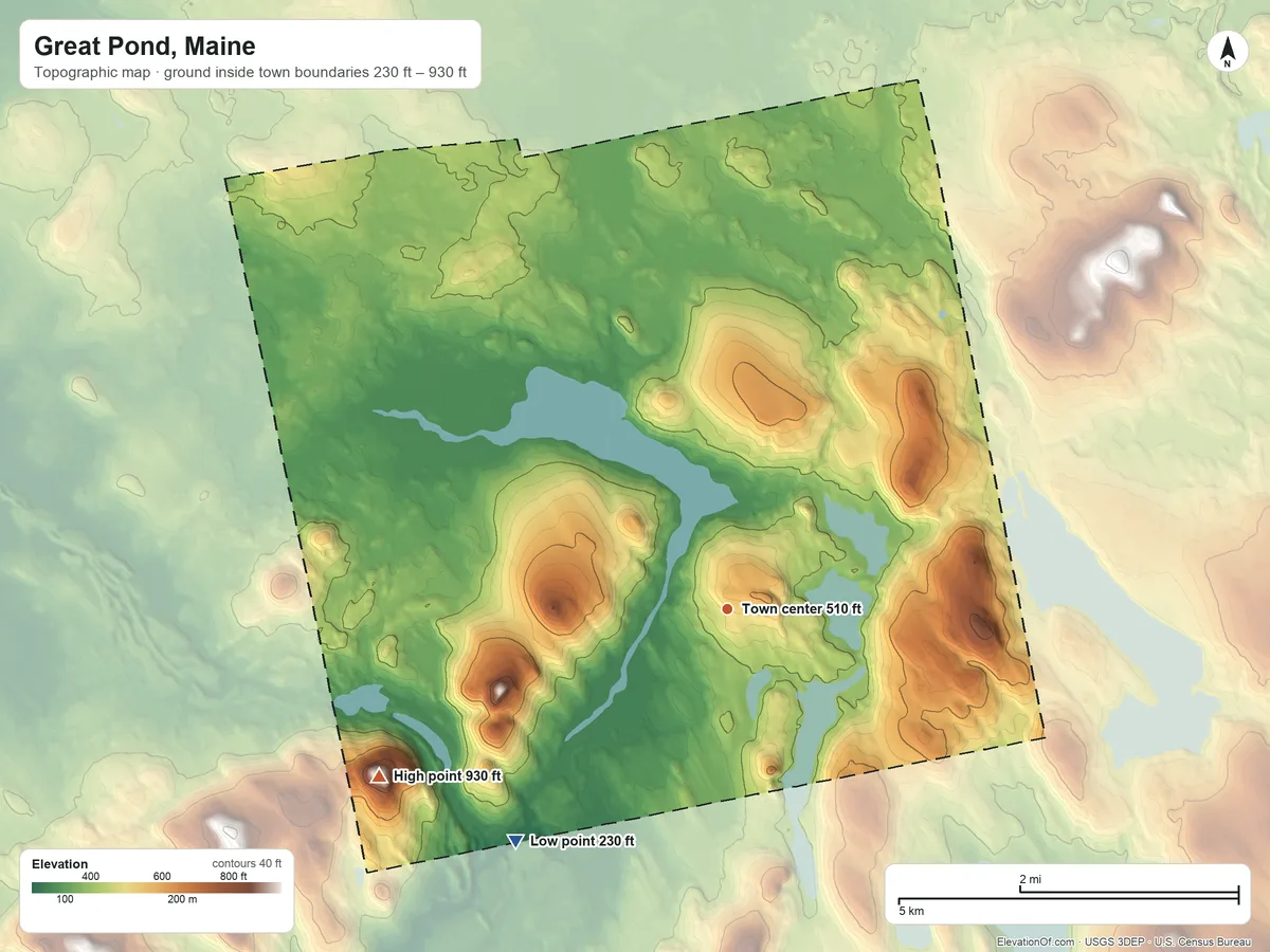 Topographic elevation map of Great Pond, Maine, shaded from 230 ft on the southwest side to 930 ft on Morrison Pond Mountain