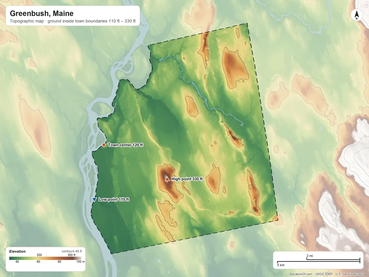 Topographic elevation map of Greenbush, Maine, shaded from 110 ft on the south side to 330 ft on the southeast side