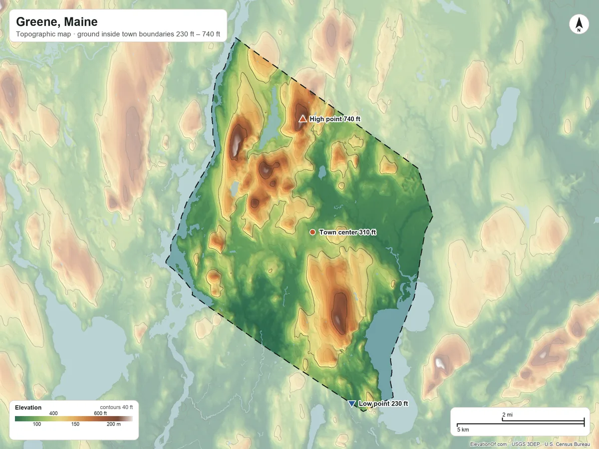 Topographic elevation map of Greene, Maine, shaded from 230 ft on the south side to 740 ft on the north side