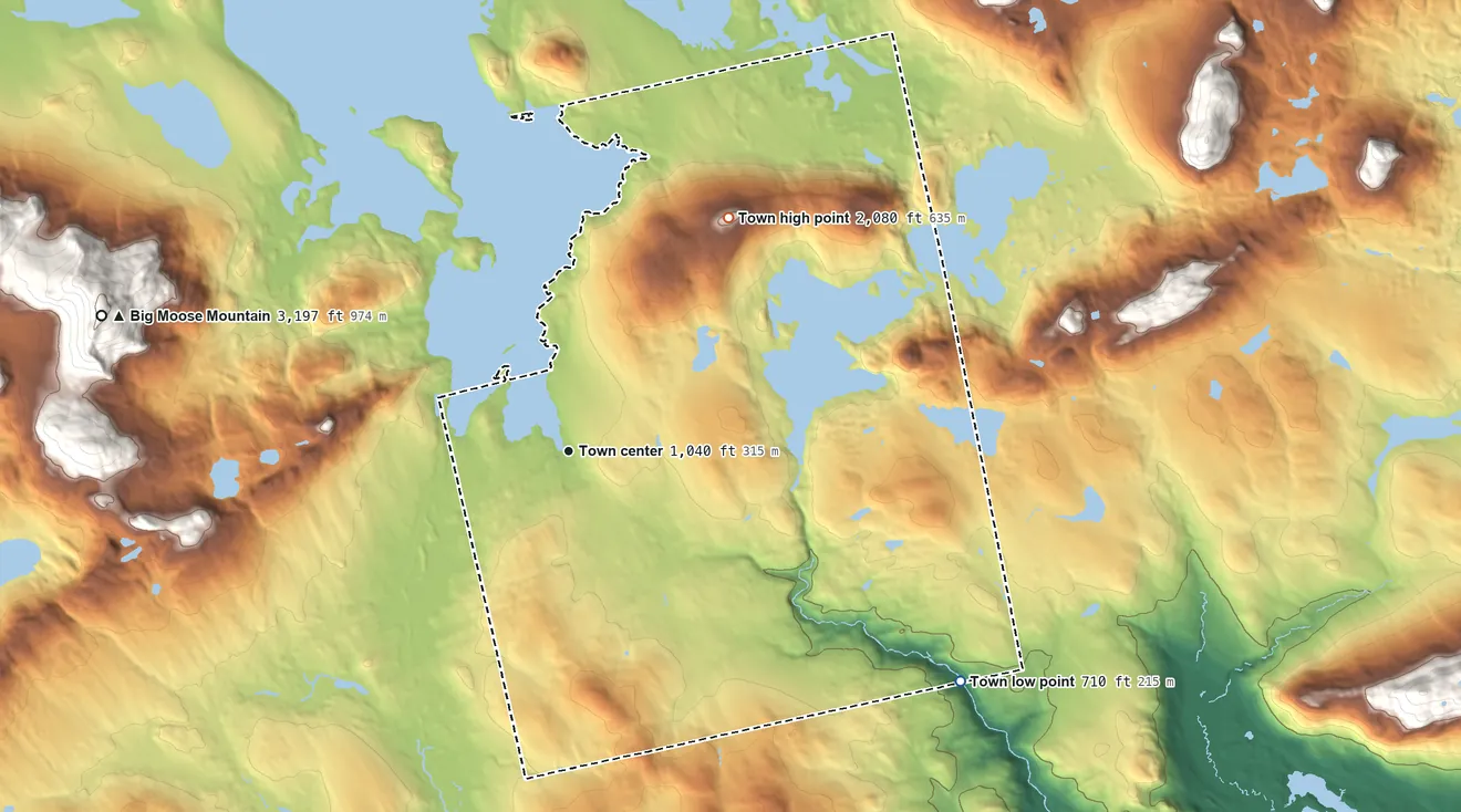 Topographic elevation map of Greenville, Maine, shaded from 710 ft on the southeast side to 2,080 ft on the northeast side