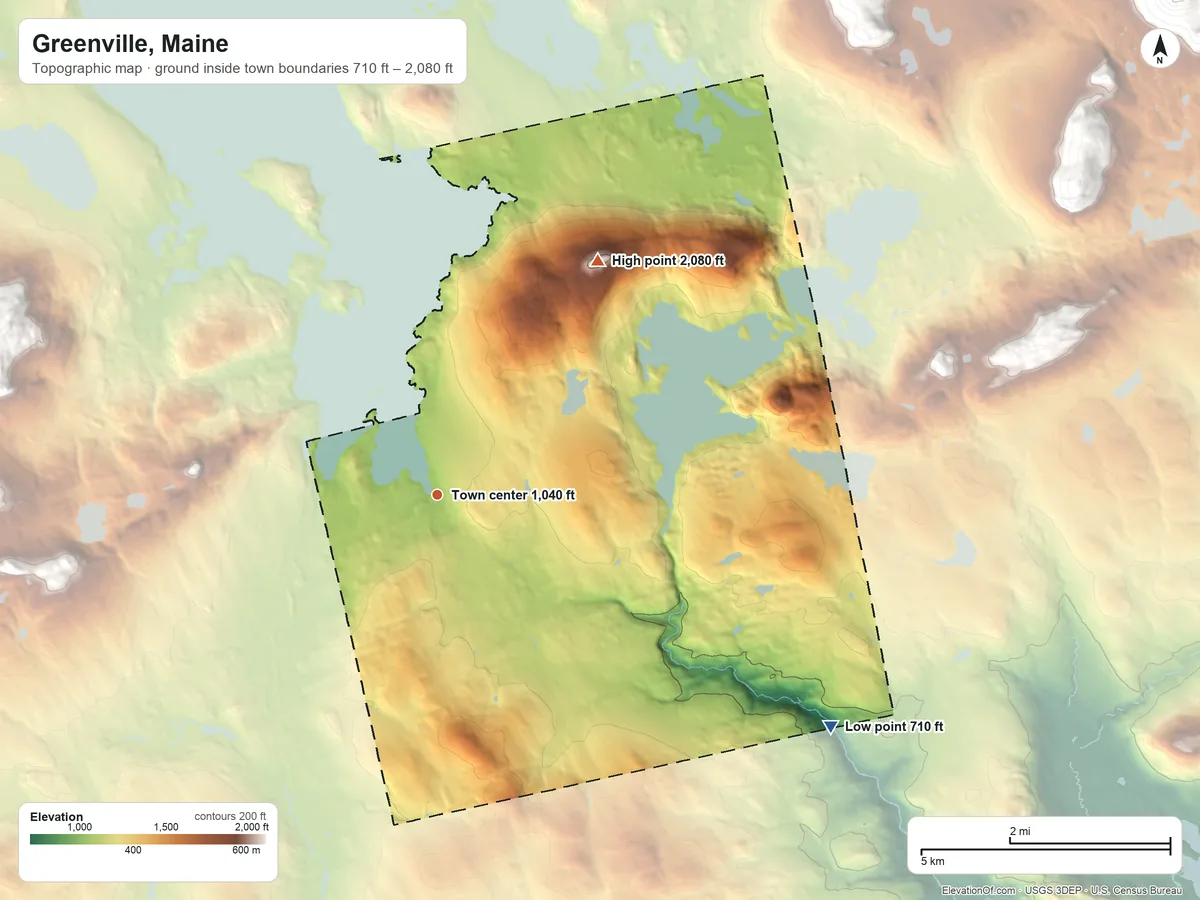 Topographic elevation map of Greenville, Maine, shaded from 710 ft on the southeast side to 2,080 ft on the northeast side