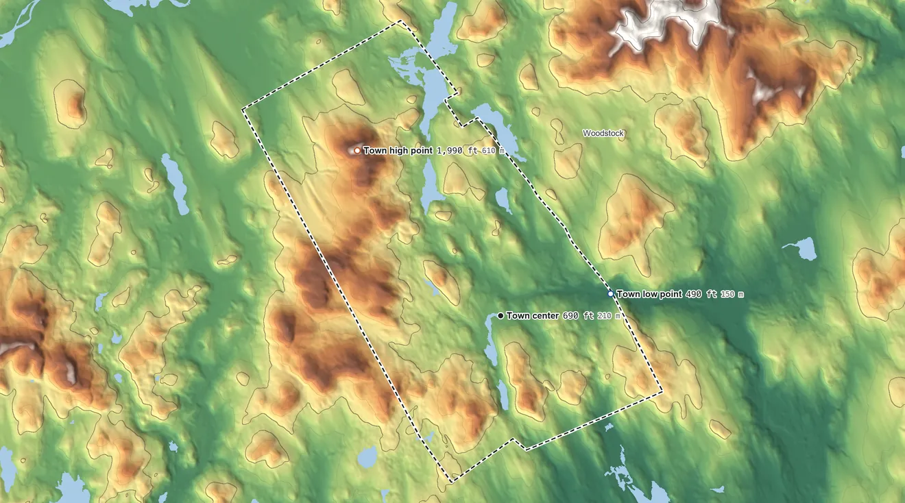 Topographic elevation map of Greenwood, Maine, shaded from 490 ft on the east side to 1,993 ft on Mount Abram