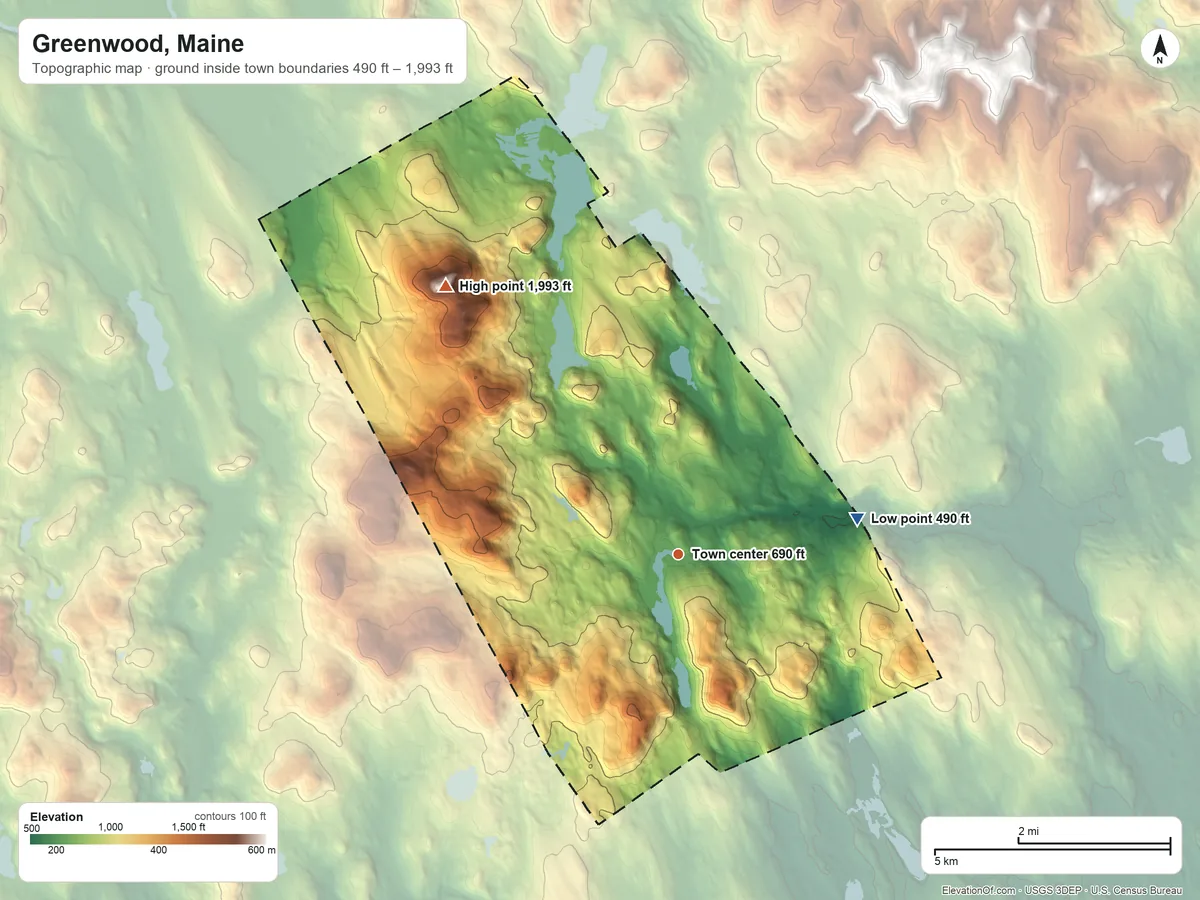Topographic elevation map of Greenwood, Maine, shaded from 490 ft on the east side to 1,993 ft on Mount Abram