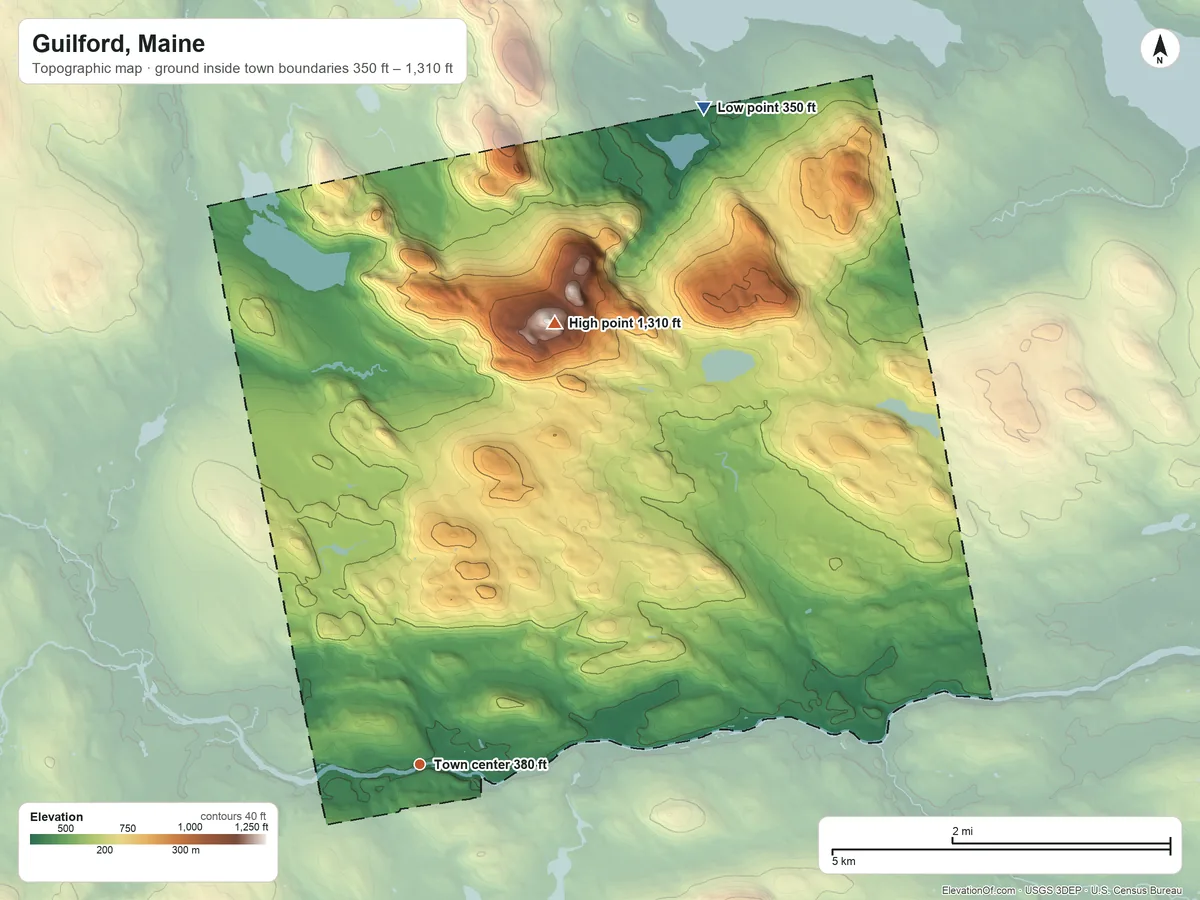 Topographic elevation map of Guilford, Maine, shaded from 350 ft on the northeast side to 1,310 ft on Guilford Mountain