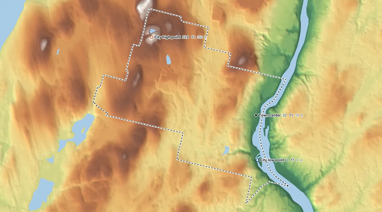 Topographic elevation map of Hallowell, Maine, shaded from 2 ft on the south side to 520 ft on Granite Hill