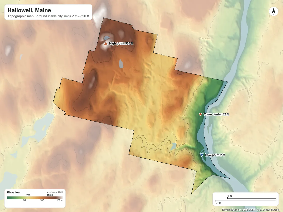 Topographic elevation map of Hallowell, Maine, shaded from 2 ft on the south side to 520 ft on Granite Hill