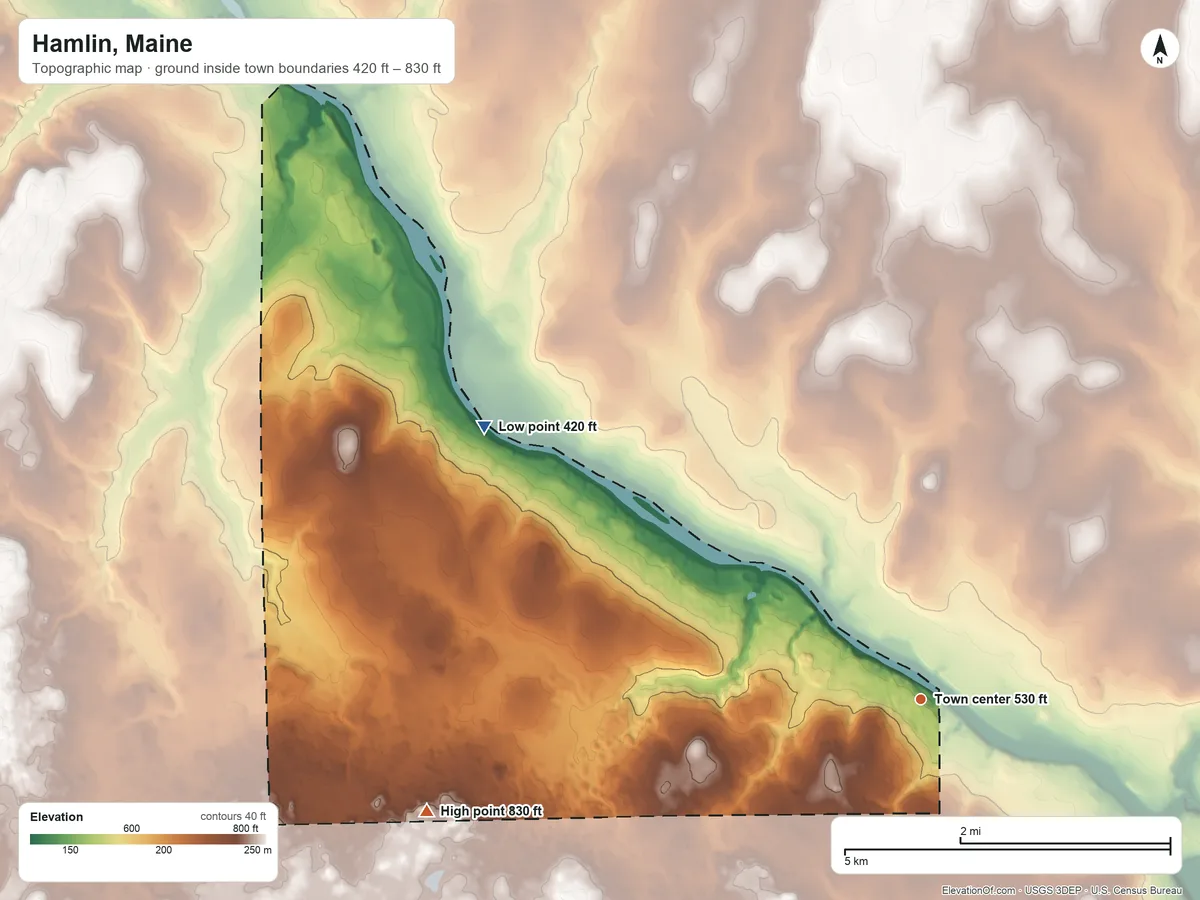 Topographic elevation map of Hamlin, Maine, shaded from 420 ft on the northwest side to 830 ft on the west side