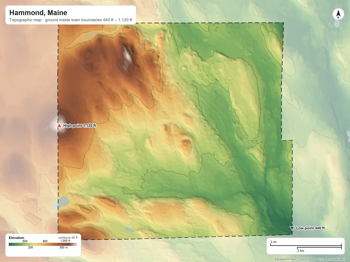 Topographic elevation map of Hammond, Maine, shaded from 440 ft on the east side to 1,120 ft on the northwest side